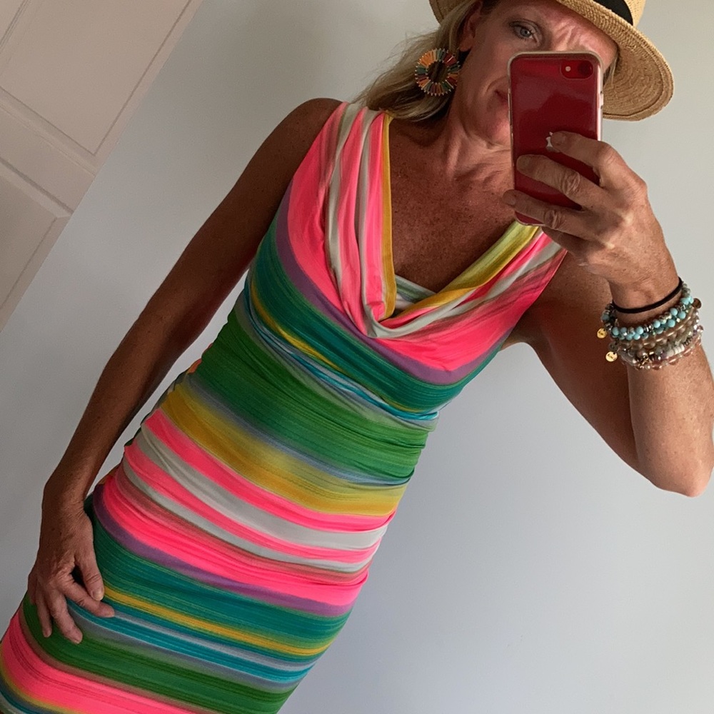 Striped, Draped Neck Fitted Dress - Picture 8 of 16